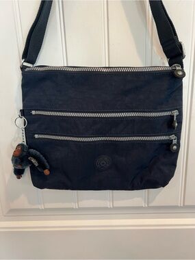 Kipling Navy Nylon Crossbody Bag multi zip pockets with Monkey Keychain